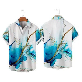 Мъжки хавайска тениска Y2K Hombre, Модерна Риза с Мрамор 3D Принтом, Уютна Ежедневни Плажни Дрехи Големи Размери с Къс Ръкав