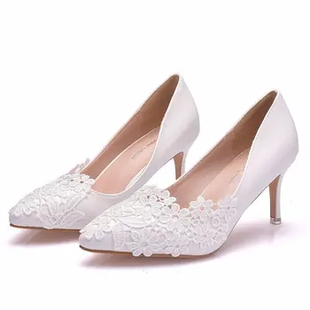 Дамски пикантни женски обувки-лодка на тънък висок ток за сватбеното парти, банкет, дантелени дамски обувки без обков от изкуствена кожа 7,5 см, с остри пръсти, размер 35-42, бял 0